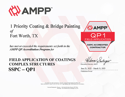 1 Priority Coating & Bridge Painting AAMP SSPC-QP1 Certificate Field Application of Coatings Complex Structures